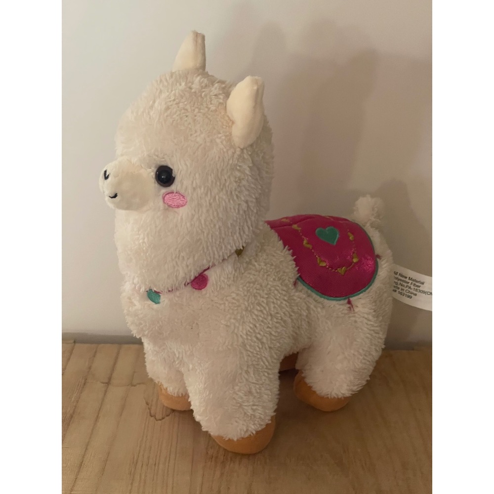 White Llama Alpaca Animal Plush Stuffed Toy Pink Saddle Embroidered Pink Cheeks - Picture 8 of 11